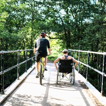 Person in wheelchair and cyclist on a forest bridge.