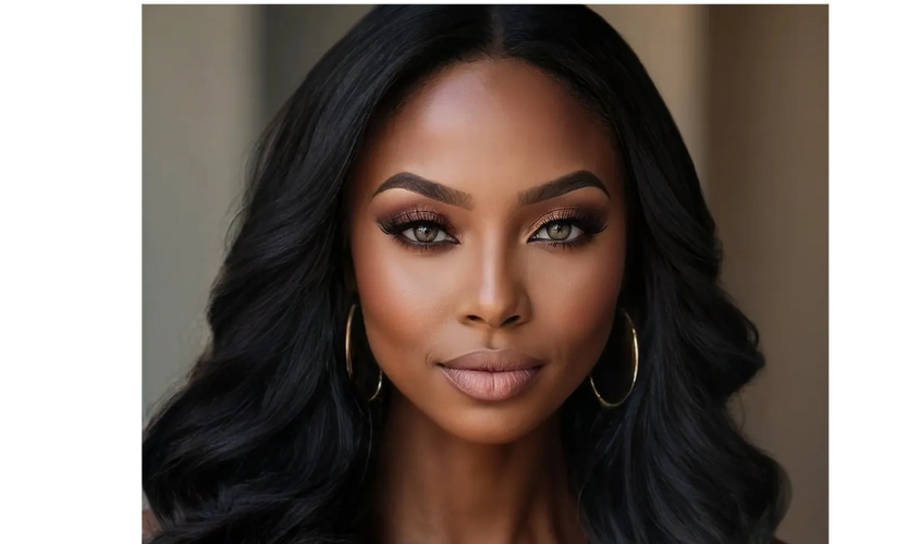 Close-up portrait of a confident woman with flawless makeup and wavy black hair.