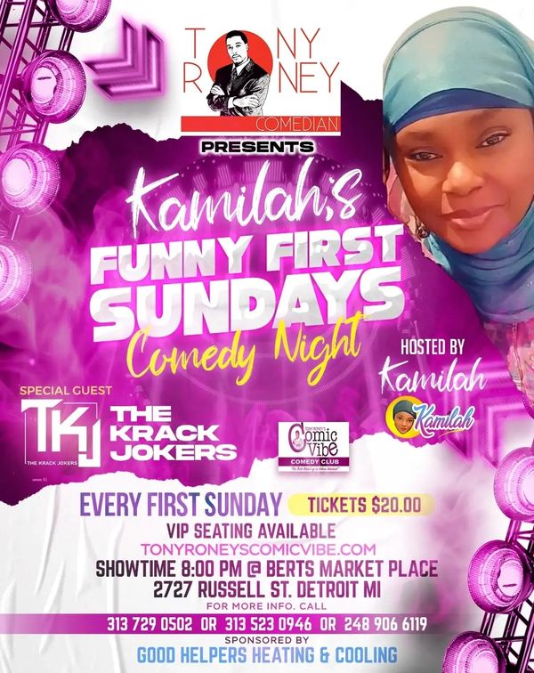 Flyer for Kamillah's Funny First Sundays Comedy Night hosted by Kamillah with special guest The Krack Jokers.