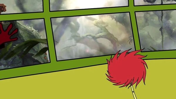 A red fluffy creature watches shadowy figures through green windows.