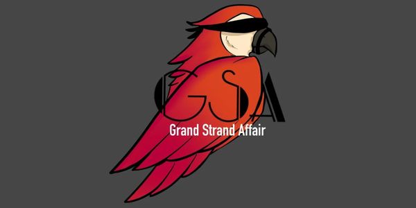 Stylized red parrot logo with 'Grand Strand Affair' text on dark background.