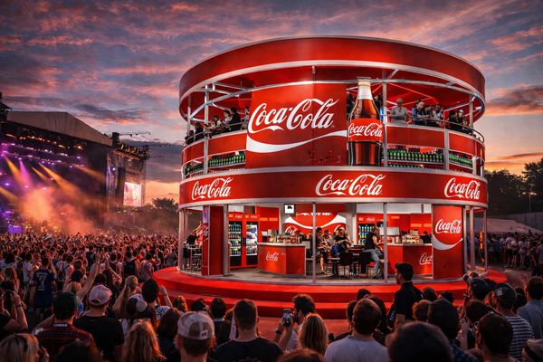 A large Coca-Cola branded two-level booth at a crowded outdoor event during sunset.