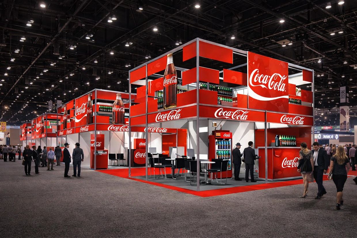 Coca-Cola exhibition booth at a trade show with people walking around.