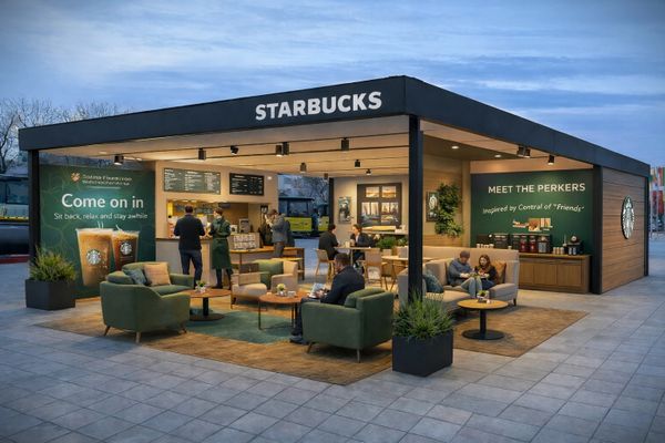 Modern open-air Starbucks with cozy seating and inviting ambiance.