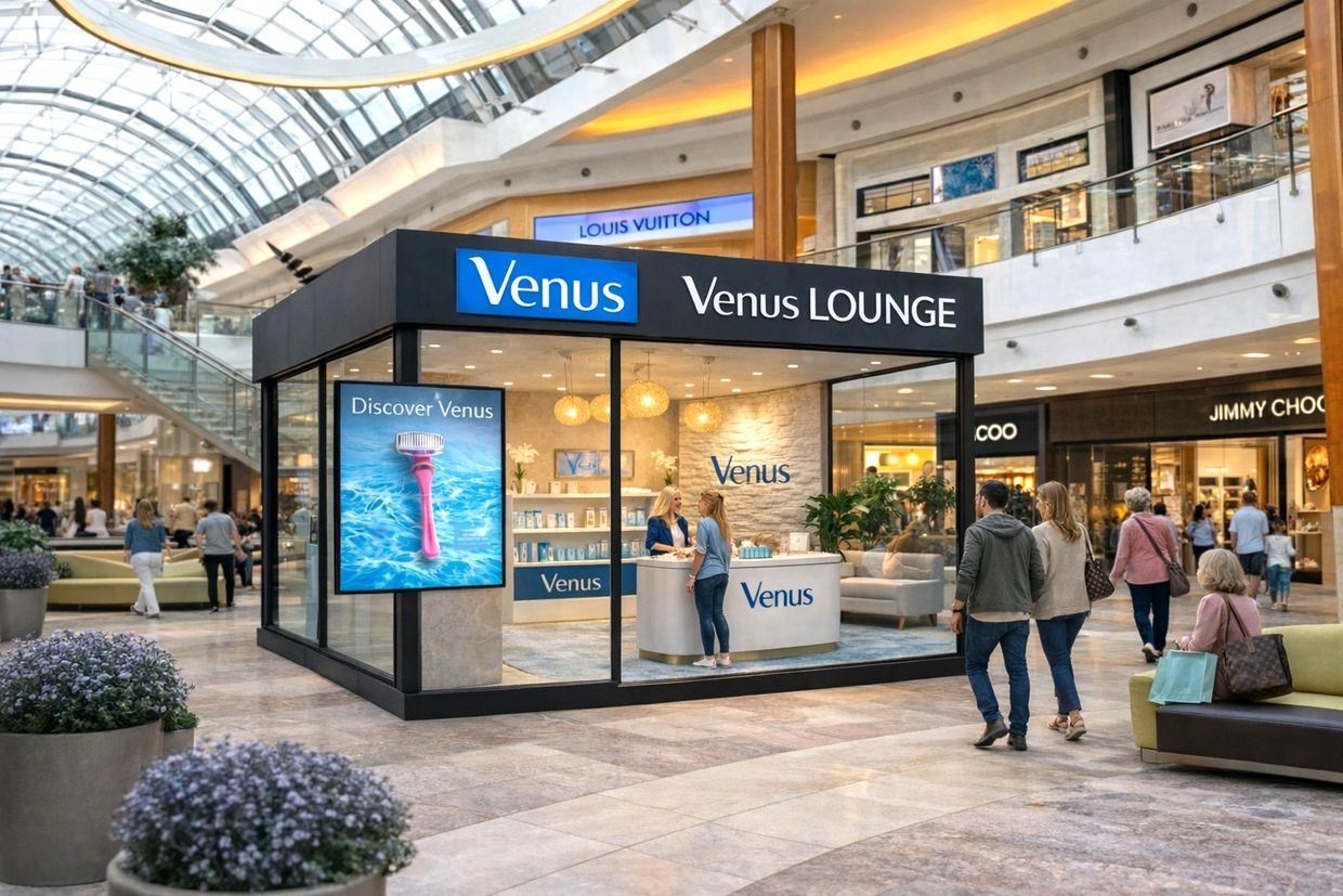 Venus Lounge booth in a shopping mall with people interacting and walking by.