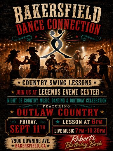 Flyer for Bakersfield Dance Connection country swing lessons and birthday celebration.