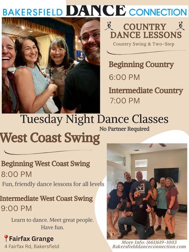 Flyer for Bakersfield Dance Connection's Tuesday night dance classes.