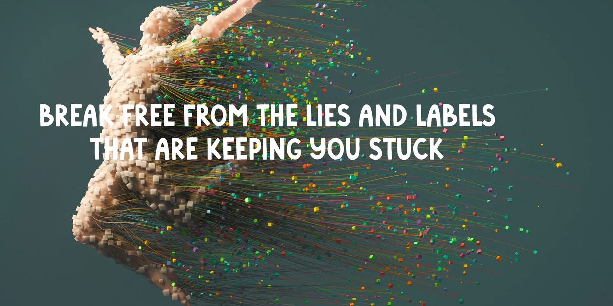 Abstract human figure made of cubes and colorful lines bursting outward.