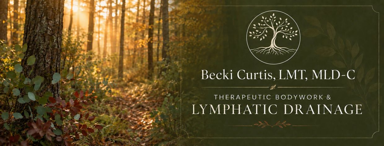 Therapeutic bodywork and lymphatic drainage by Becki Curtis in a serene forest setting.