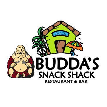 Logo of Budda's Snack Shack restaurant and bar with a Buddha figure and a small shack.