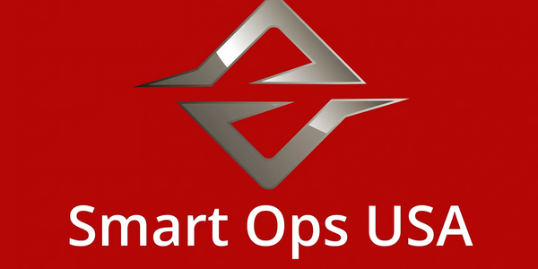 Smart Ops USA logo with metallic emblem and slogan on red background.