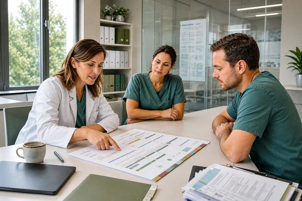 Doctors discussing a schedule or plan at a meeting.