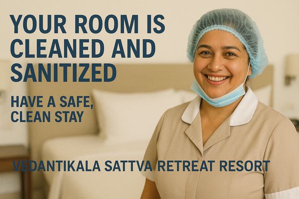 Smiling staff ensuring room cleanliness at Vedantika Sattva Retreat Resort.
