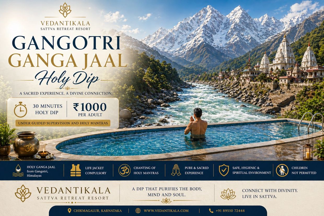 Vedantikala offers a holy dip experience in Gangotri's sacred Ganga Jaal with mountain views.