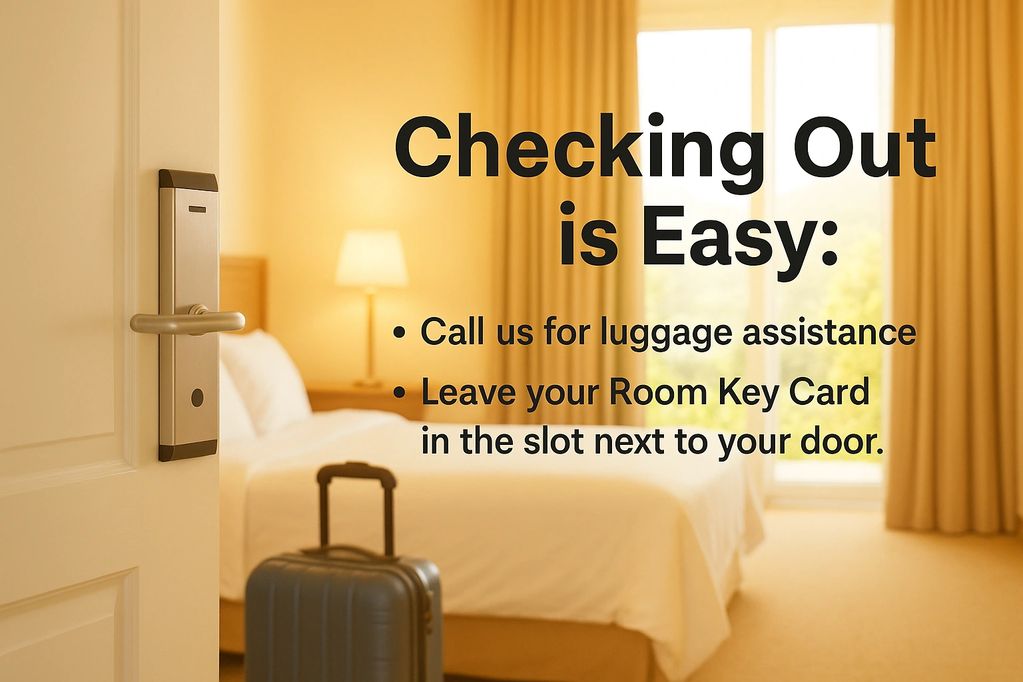 Hotel checkout instructions with luggage and key card guidance.