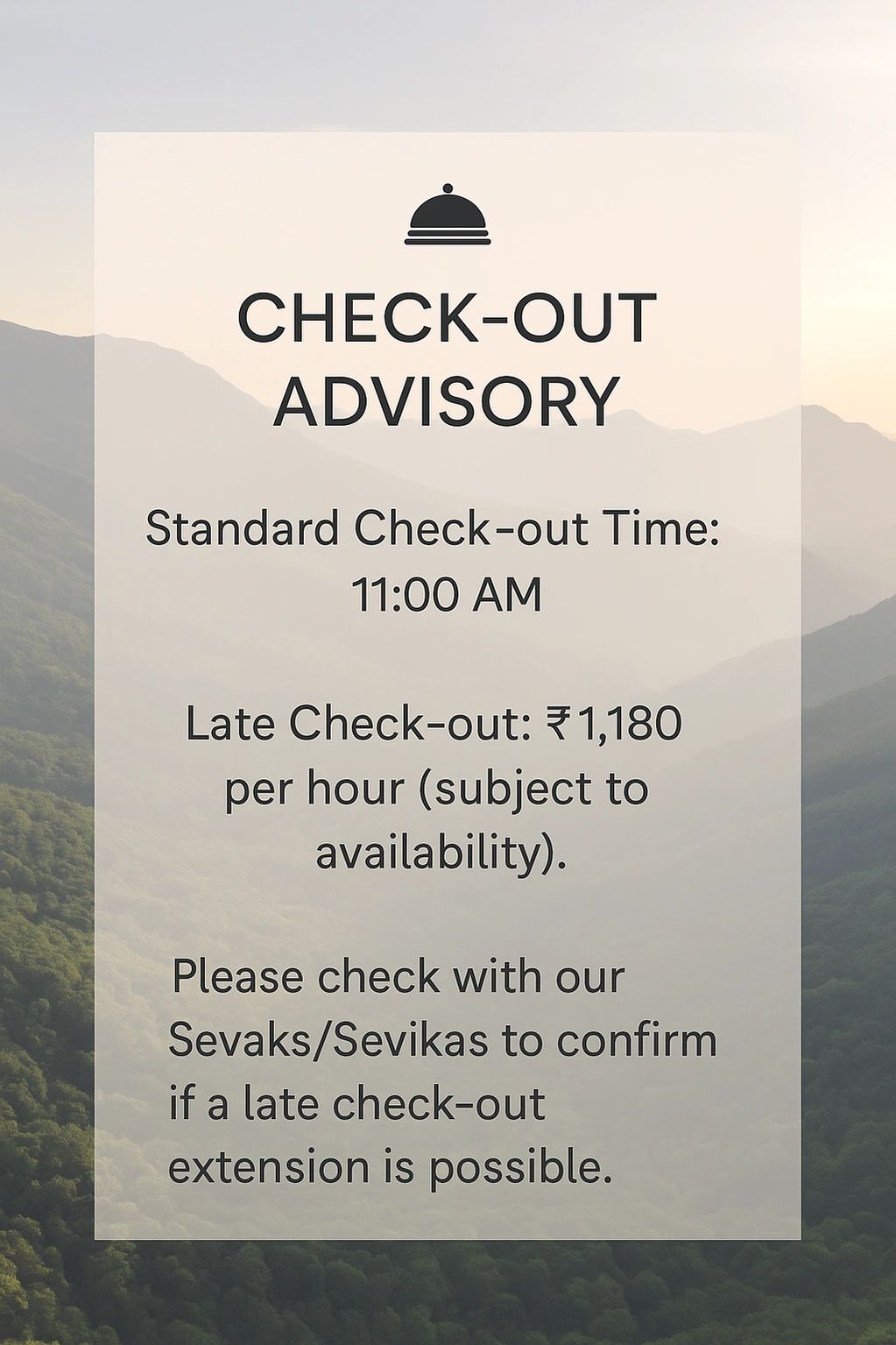 Hotel check-out advisory with standard time at 11 AM and late check-out charges.