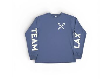 Blue long-sleeve shirt with "TEAM" and "LAX" on sleeves and crossed lacrosse sticks on chest.