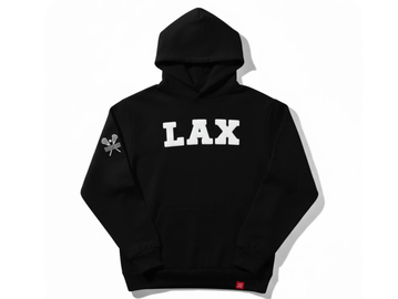 Black hoodie with white 'LAX' text and a small graphic on the sleeve.