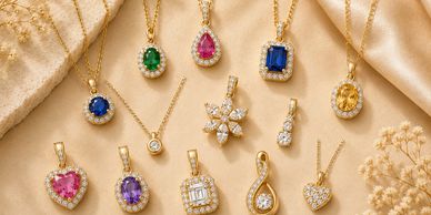 Collection of colorful gemstone and diamond gold pendants on satin fabric.