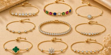 Collection of elegant gold and diamond bracelets with colorful gemstones.