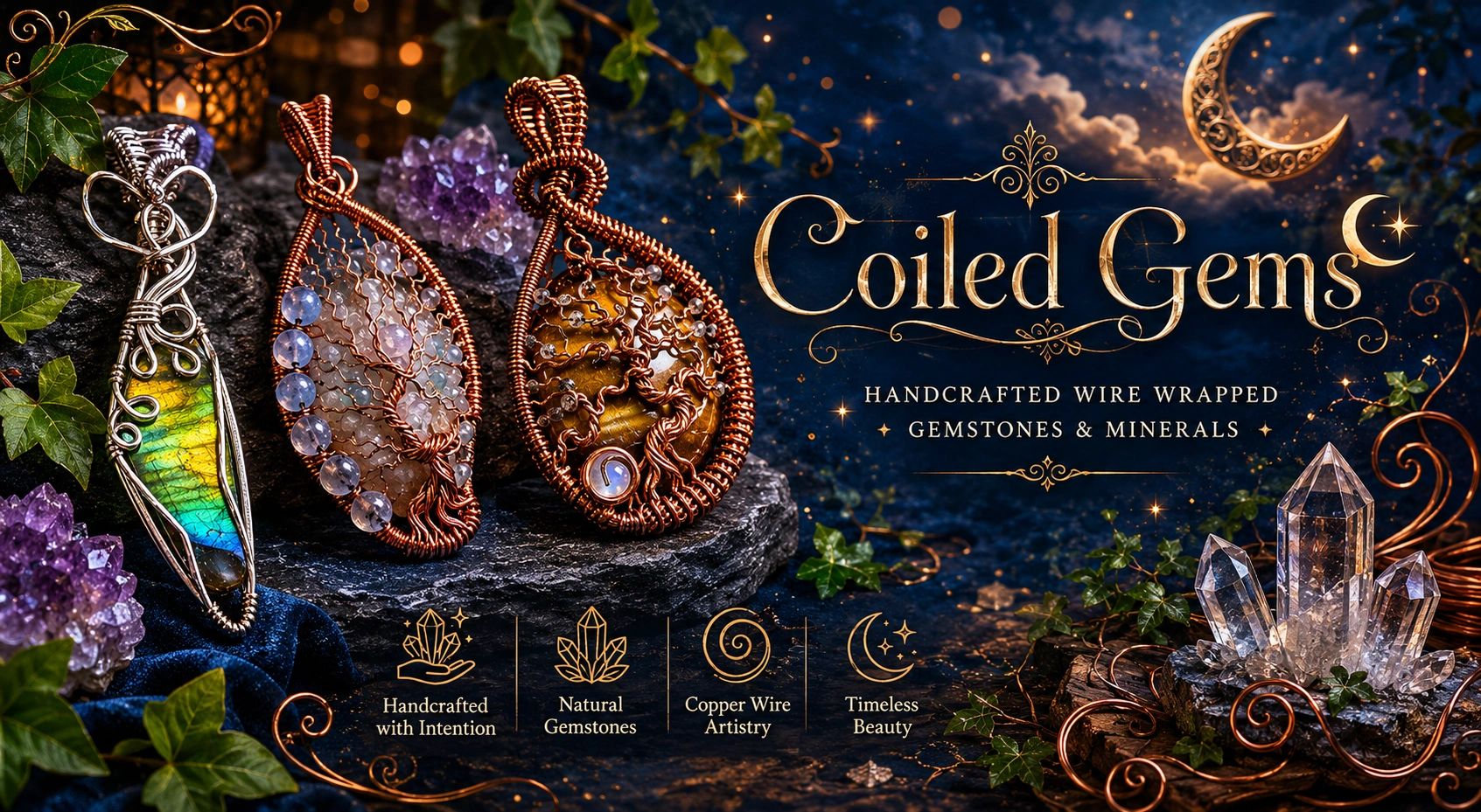 Image is of wire Wrapped stones stating coiled gems