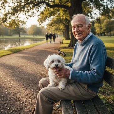 Elderly man sitting on a park bench with a small white dog.