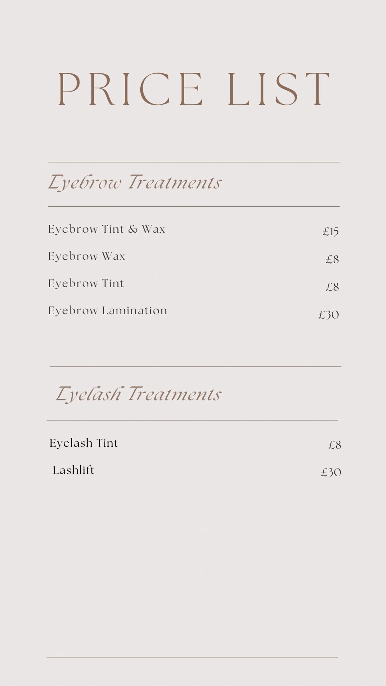 price List for eyebrow treatments