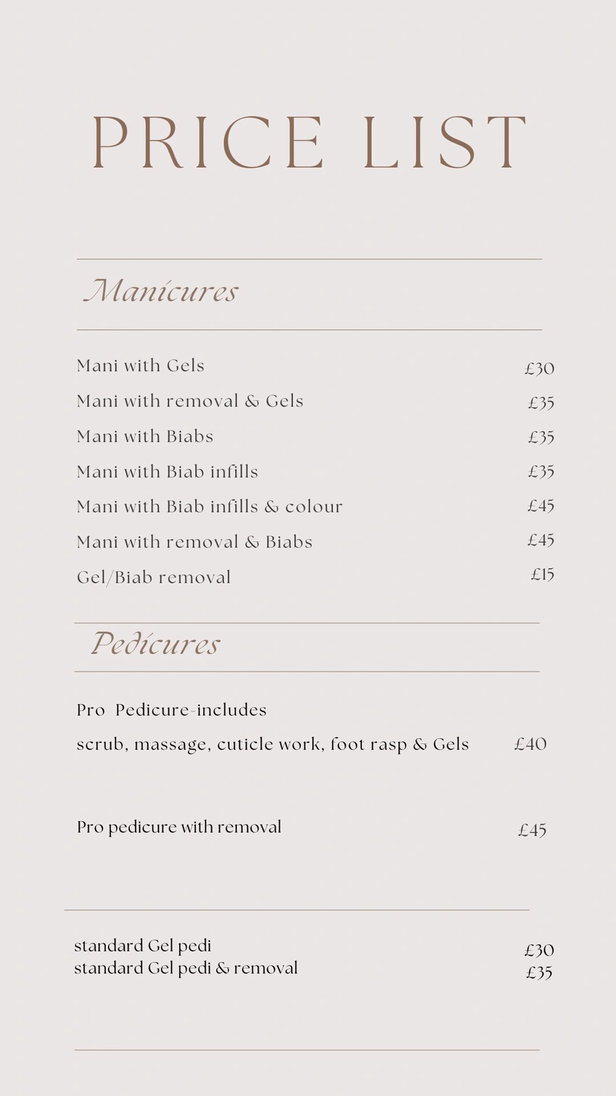 Price list for Gel and BIAB Manicures and Pedicures