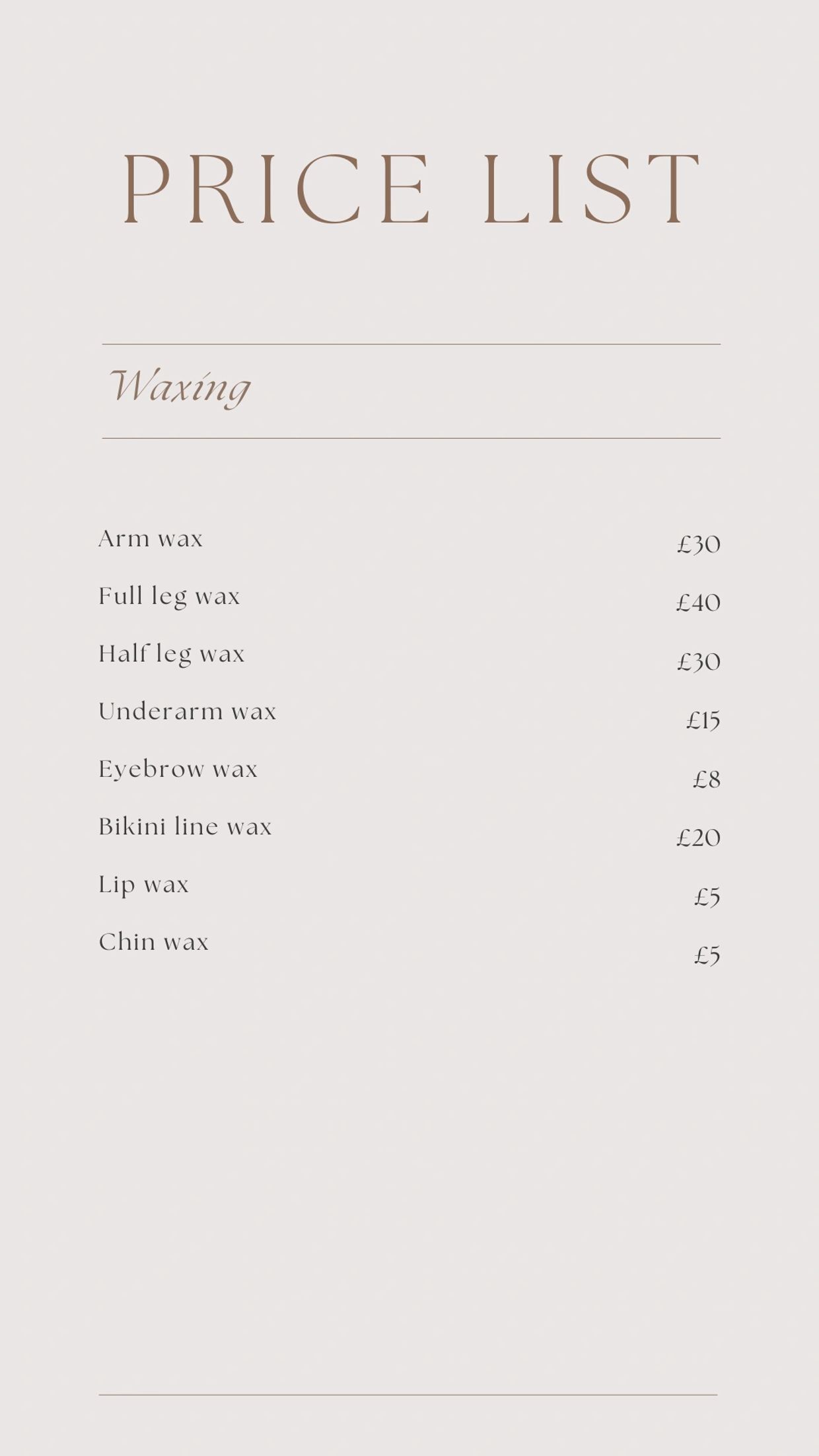 picture of waxing price list for beauty salon