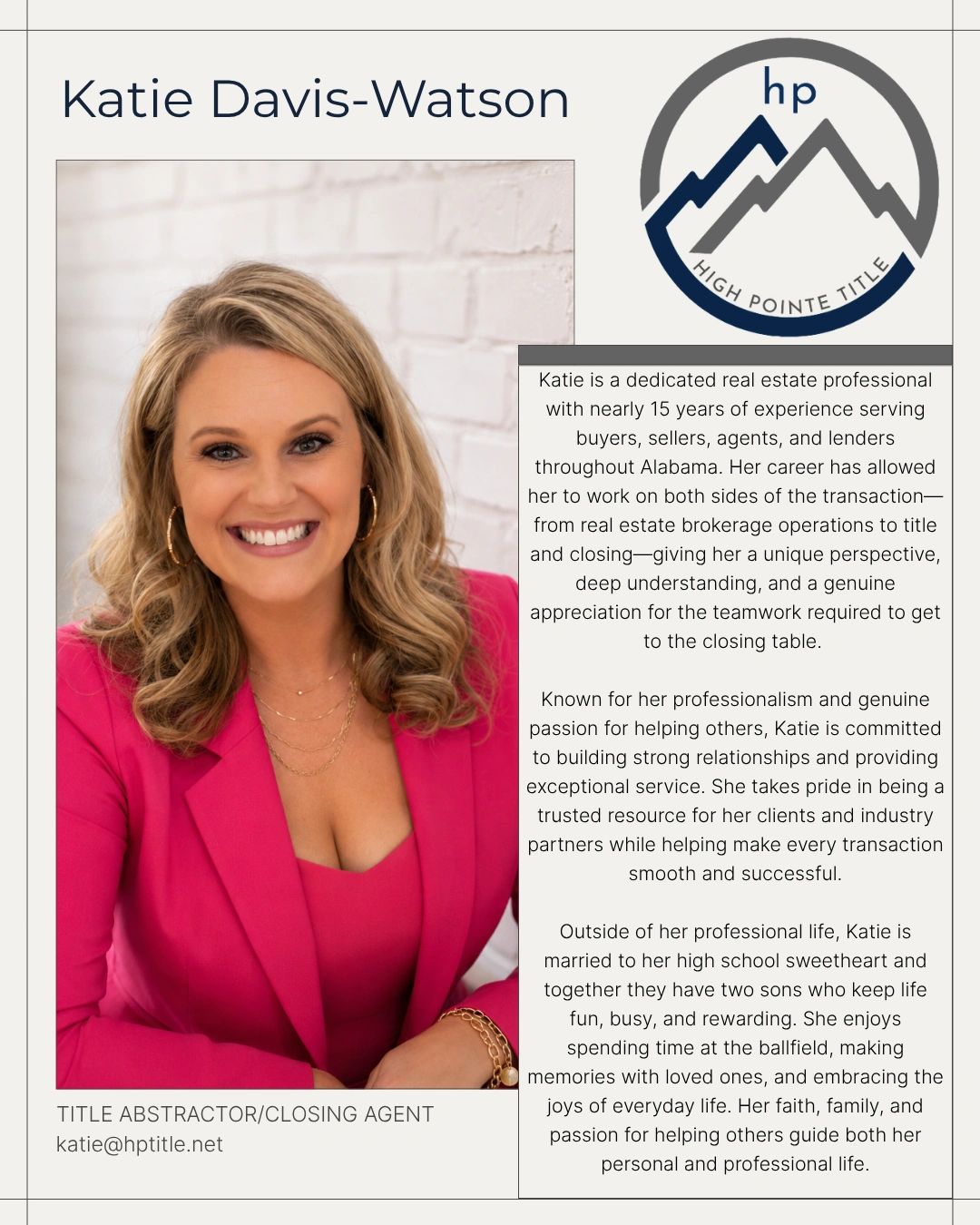 Professional portrait of Katie Davis-Watson, a real estate title abstractor with 15 years experience.