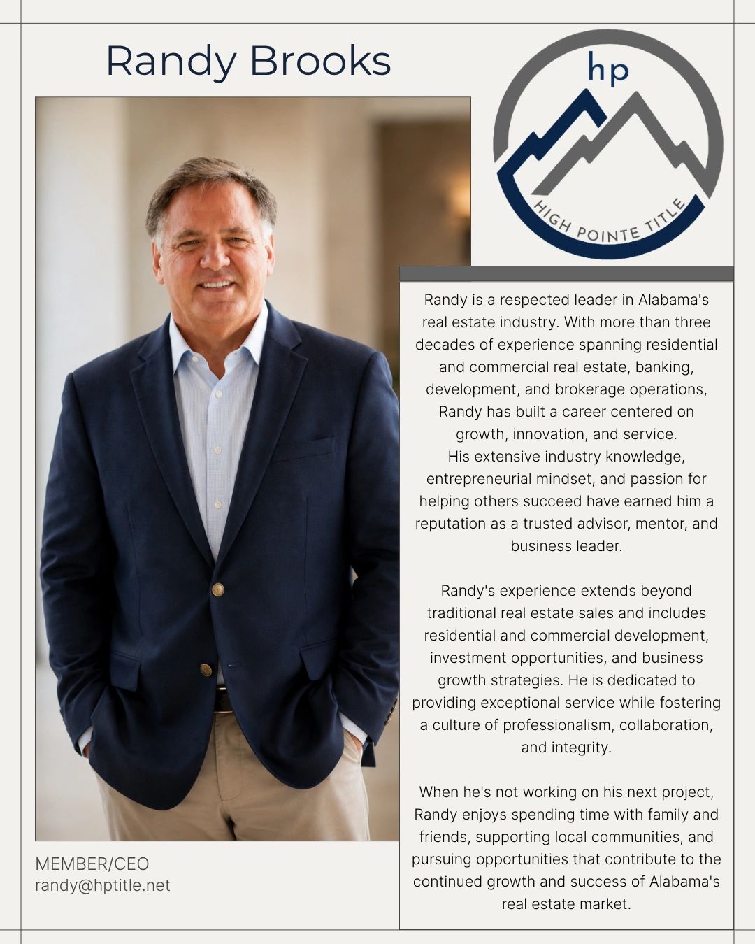 Professional portrait of Randy Brooks, CEO of High Pointe Title, highlighting his expertise in Alabama's real estate industry.