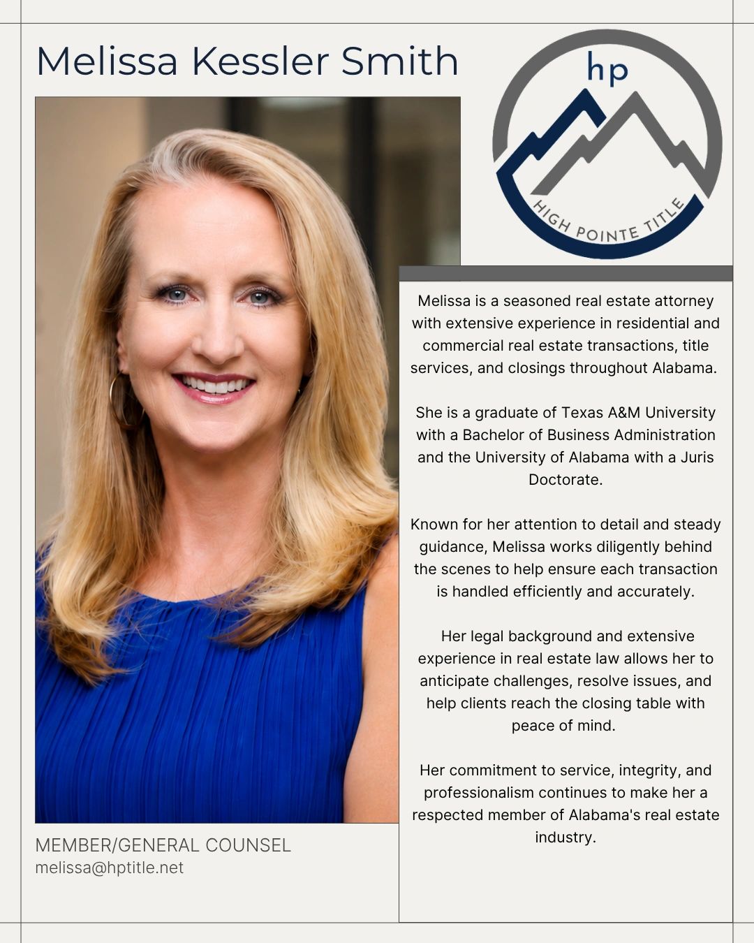 Professional portrait of Melissa Kessler Smith, a seasoned real estate attorney.