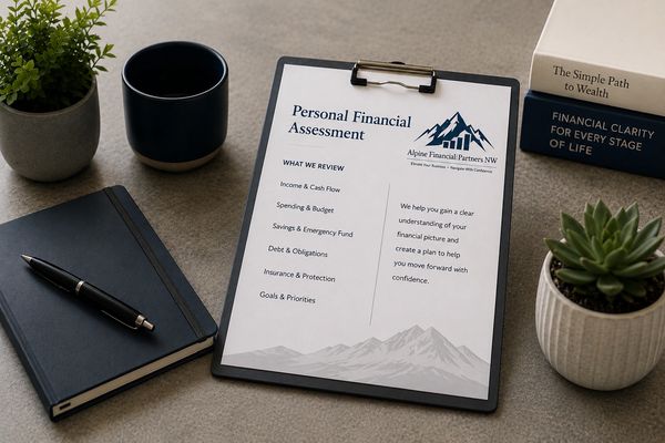 Personal financial assessment form on a clipboard surrounded by office items.