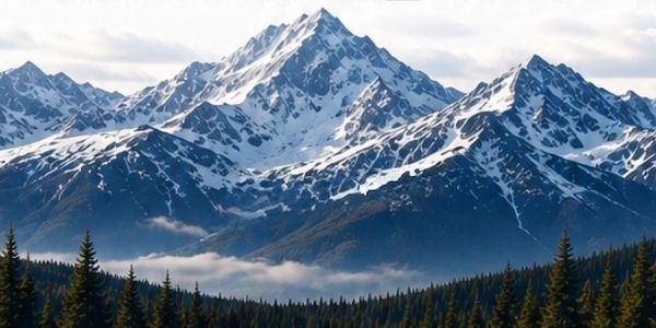Snow-covered mountain peaks towering above a pine forest.
