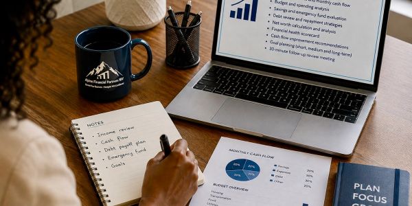 Person taking financial notes at a desk with laptop and documents.