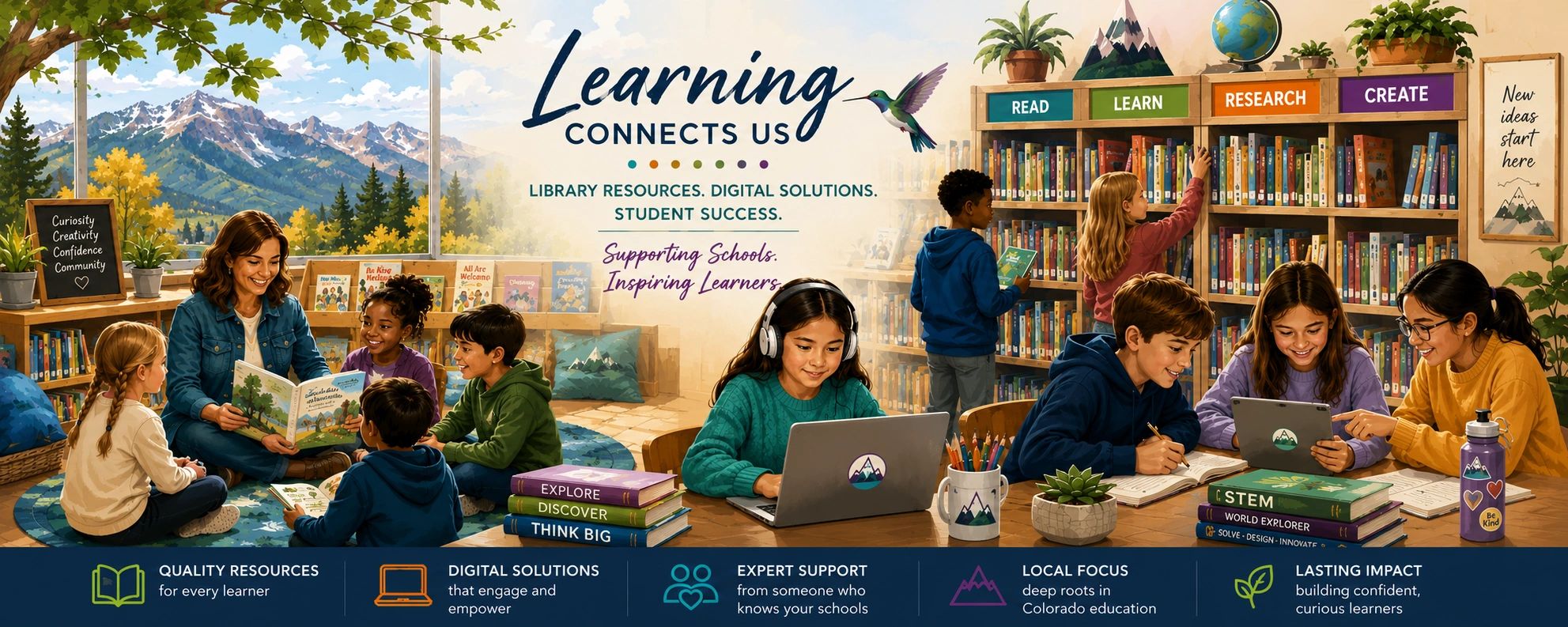 Colorful mural showing students learning through books, libraries, and technology.