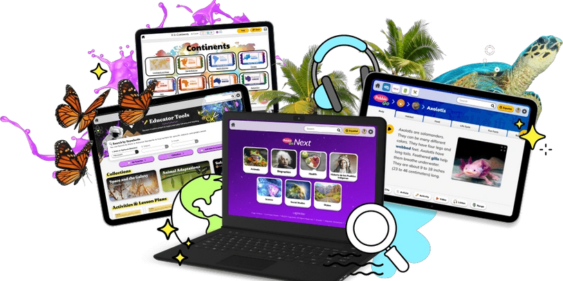 Newly enhanced PebbleGo environment on monitor, laptop, and tablet.