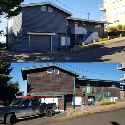 Before and after pictures of an  exterior house repaint. by finish right construction.