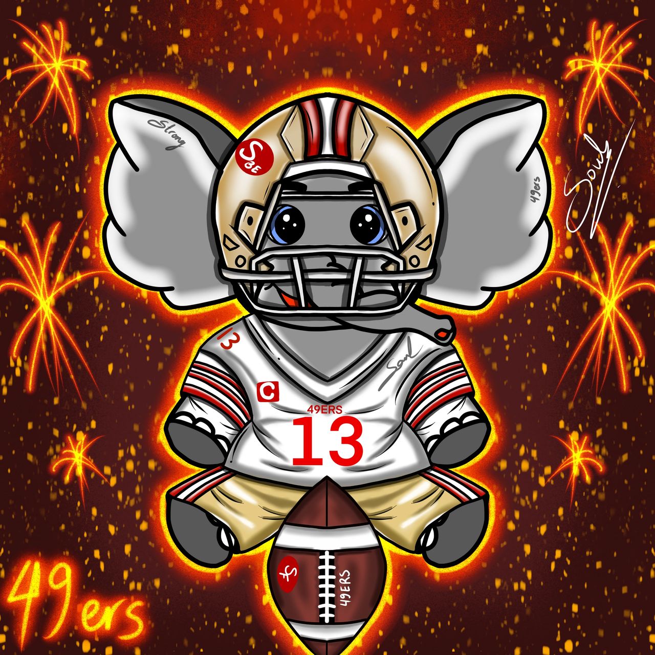 A cartoon elephant wearing a football helmet and jersey, displaying the number 13 and '49ERS' text, sitting with a football. The background features vibrant fireworks and a glowing outline.
