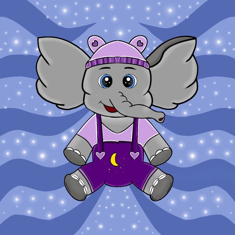 A cute cartoon elephant character wearing a purple hat and overalls with heart designs, sitting against a blue wavy background with sparkles.