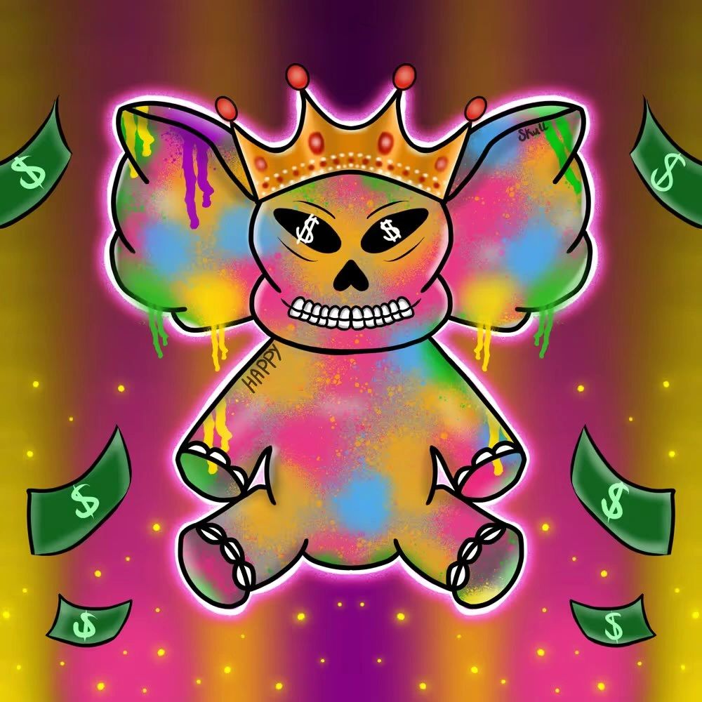 A colorful cartoon character with a skull face, wearing a crown and holding balloons. The character has a playful expression and is surrounded by floating dollar bills.