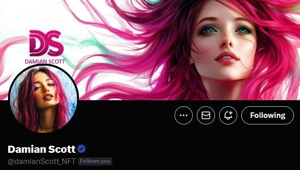 Digital artwork featuring a woman with vibrant pink hair and a glowing expression, used as a profile picture alongside a username and social media interface.