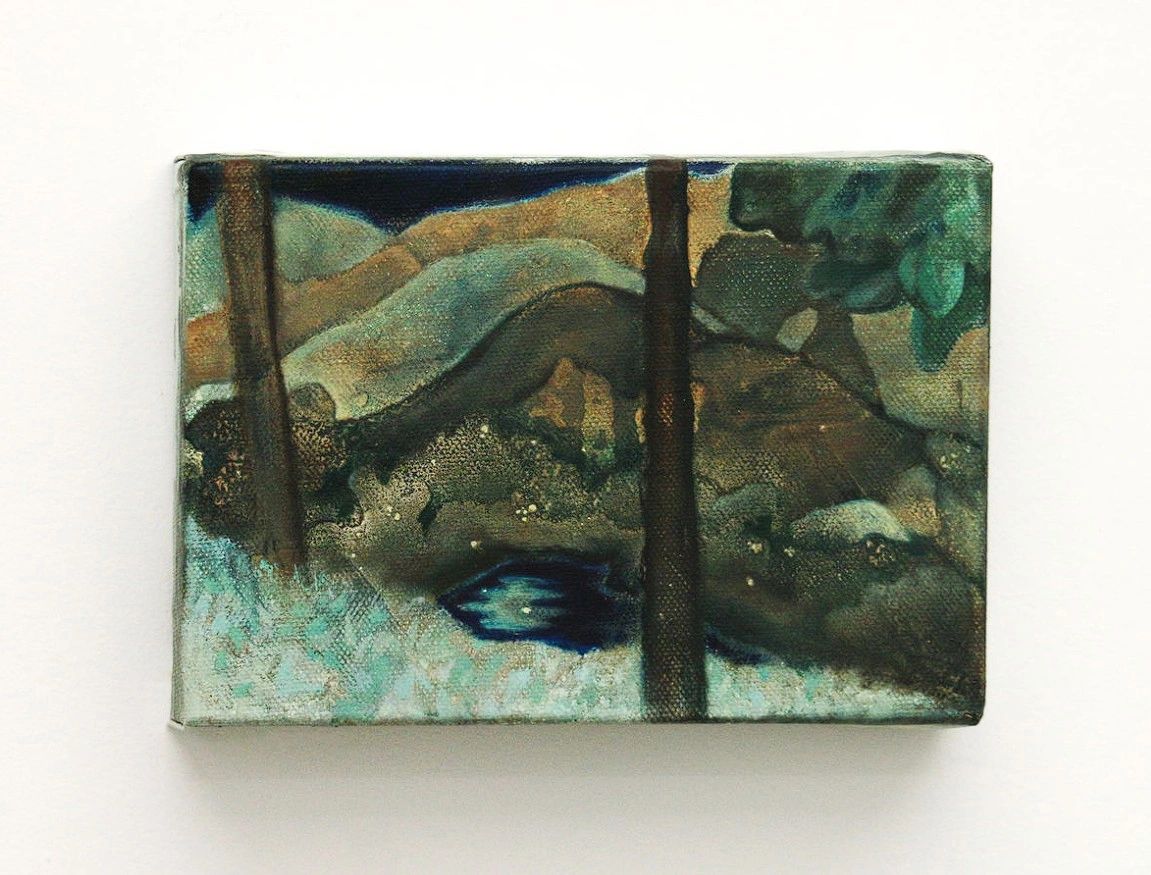 A small canvas painting depicting a serene landscape with mountains, trees, and a body of water, featuring muted colors and abstract brush strokes.