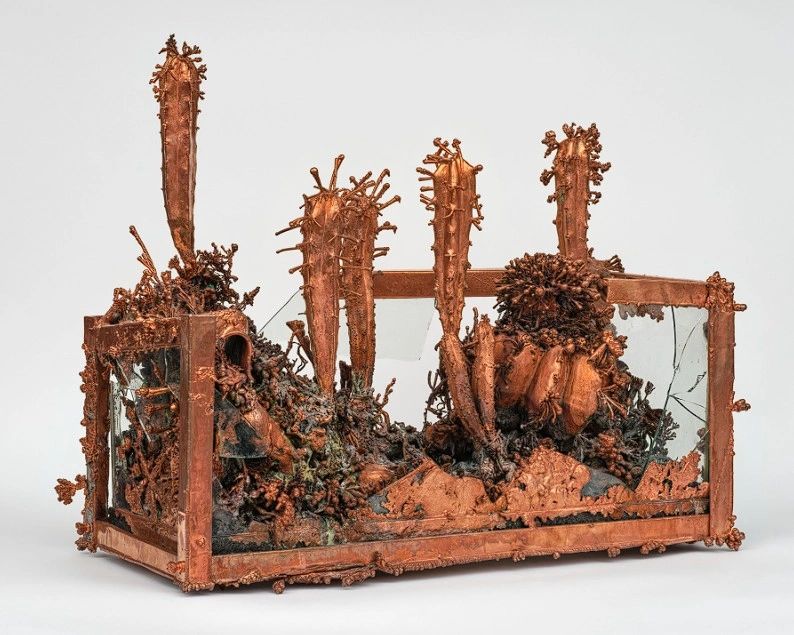 A sculpture featuring abstract organic forms resembling coral and cacti, prominently displayed within a rectangular copper frame with mirrored surfaces.