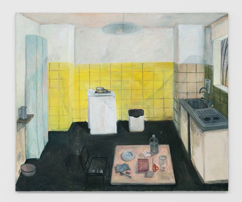 A painted interior of a kitchen featuring yellow tiled walls, a white washing machine, a black table with scattered items, and a window showing outdoor scenery.