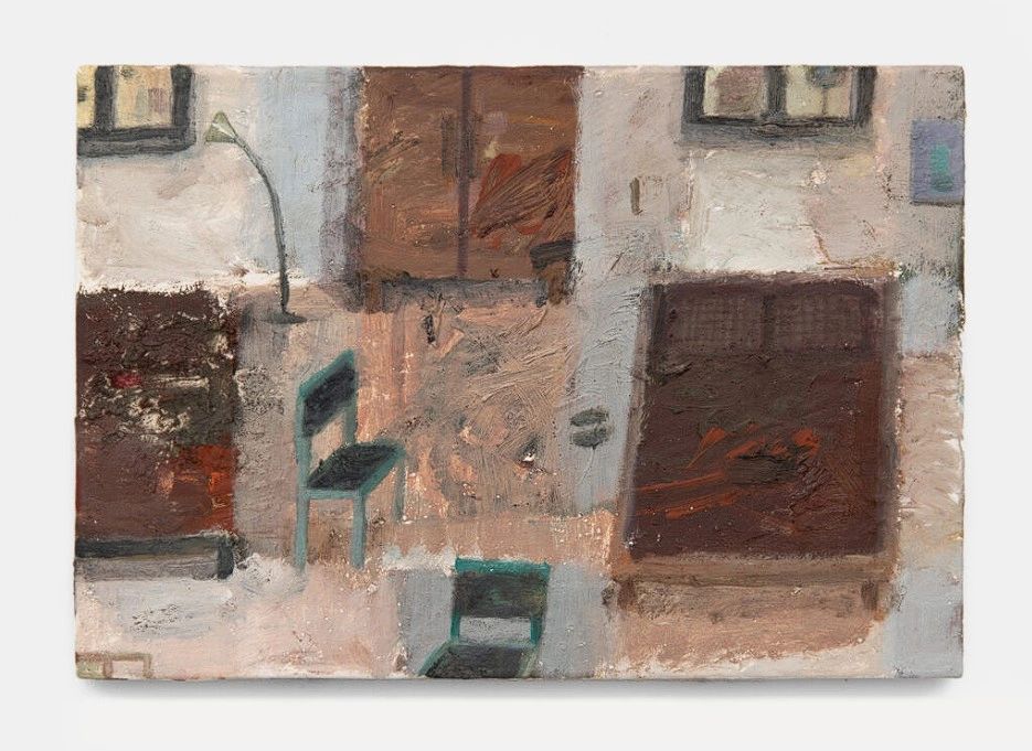 Abstract depiction of a room interior featuring a chair, a bedside table, and a lamp with a muted color palette.