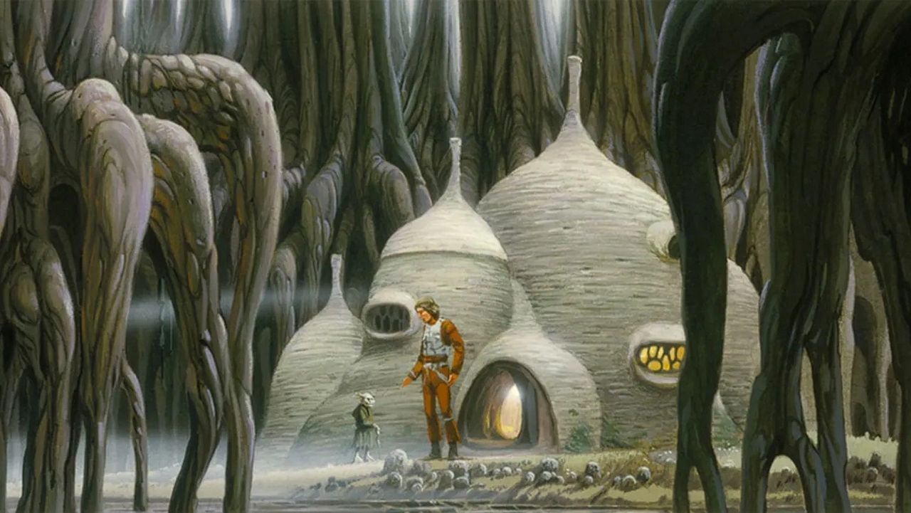 A fantastical landscape featuring a man in an orange suit standing next to a small creature near unique, bulbous structures, surrounded by towering, twisted trees.