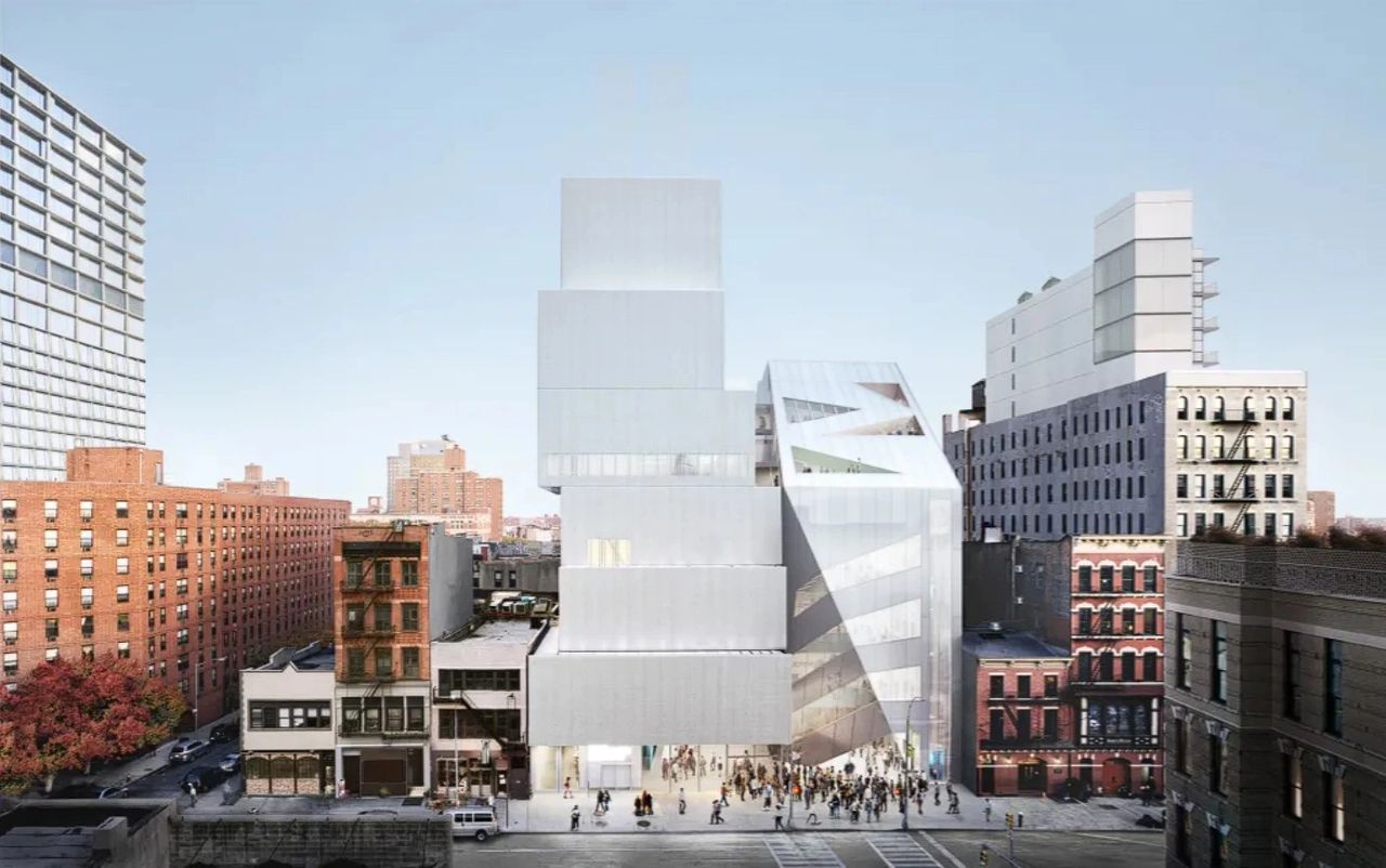 A contemporary architectural rendering of a building featuring multiple geometric shapes and glass facades, surrounded by urban buildings and people in an outdoor setting.