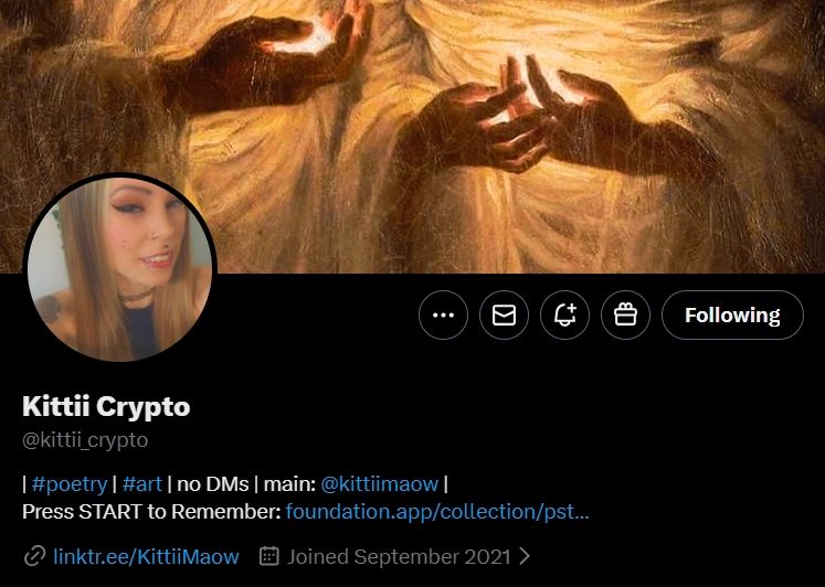 Twitter profile of Kittii Crypto featuring a circular profile picture and a dark-themed background with artistic hands reaching out.