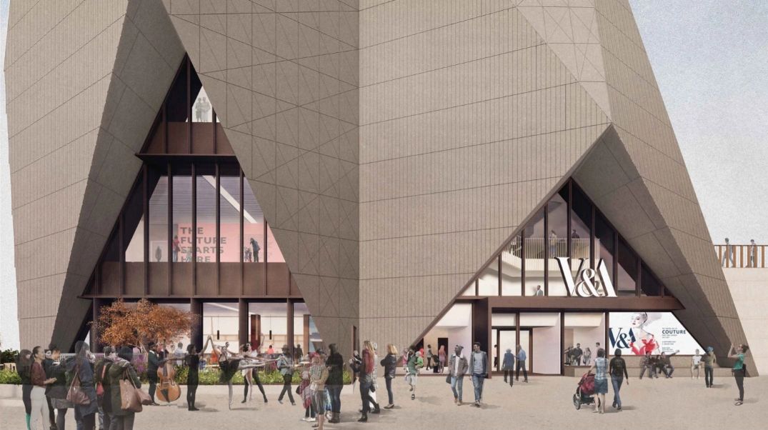Architectural rendering of the V&A Museum's entrance featuring a modern, angular design, with visitors milling around in front.